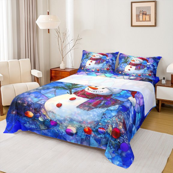 Castle Fairy Xmas Snowman 3Pcs Twin Sheet Sets for Teens Girls Boys,Happy New Year Twin Fitted Sheet,Abstract Gradient Breathable Flat Sheet,Ultra Soft Home Decor