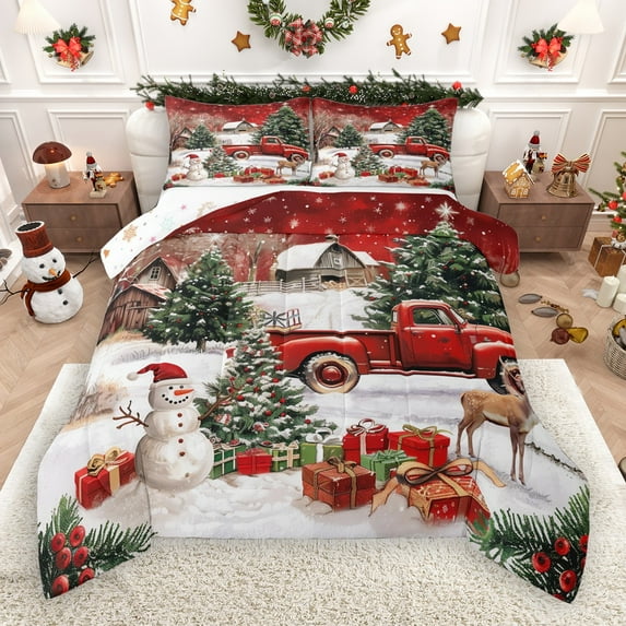 Castle Fairy Xmas Snowman Deer 2Pcs Bedding Comforter Set for Preppy Children Teens,Retro Red Truck Twin Comforter Sets,Rustic Cabin Breathable Bedding Set,Merry Christmas Room Decor
