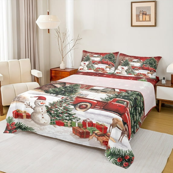 Castle Fairy Xmas Snowman Deer 3Pcs Twin Sheet Sets for Preppy Children Teens,Retro Red Truck Twin Fitted Sheet,Rustic Cabin Breathable Flat Sheet,Merry Christmas Room Decor