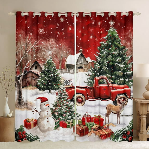Castle Fairy Xmas Snowman Deer Black Out Curtains for Preppy Children Teens,Retro Red Truck Curtains Pack Of 2 (42X63 Each),Rustic Cabin Bedroom Curtains,Merry Christmas Room Decor