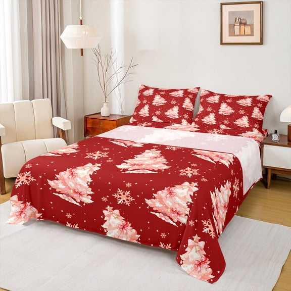 Castle Fairy Xmas Tree 4pcs Bed Sheets for Preppy Child,Kawaii Bowknot Snowflakes King Sheets,Christmas Festival Super Cozy Sheet Set,Breathable Home Decor