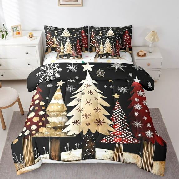 Castle Fairy Xmas Tree 7-Piece Twin Bedding Sets for Teenagers,Winter Snowflakes Bedding Comforter Set,Rustic Vintage Breathable Sheet Sets,Luxury Bedroom Decor