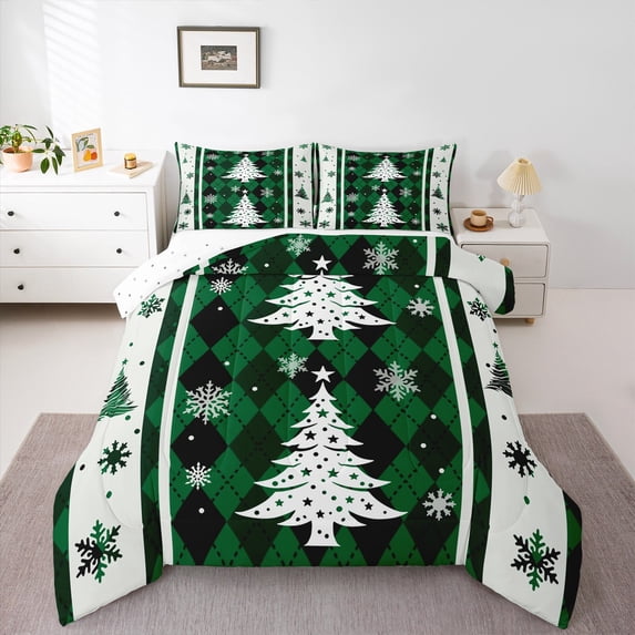 Castle Fairy Xmas Tree Snowflake 2Pcs Bedding Comforter Set for Teens Boys Girls,Geometric Plaid Grid Twin Comforter Sets,Merry Christmas Breathable Bedding Set,Ultra Soft Home Decor