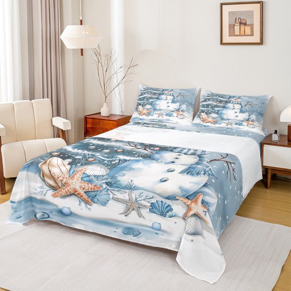 Castle Fairy Xmas Tree Snowman Boy Girl 3Pcs Twin Sheet Sets,Happy New Year Twin Fitted Sheet,Ocean Starfish Seashell Breathable Flat Sheet,Ultra Soft Home Decor