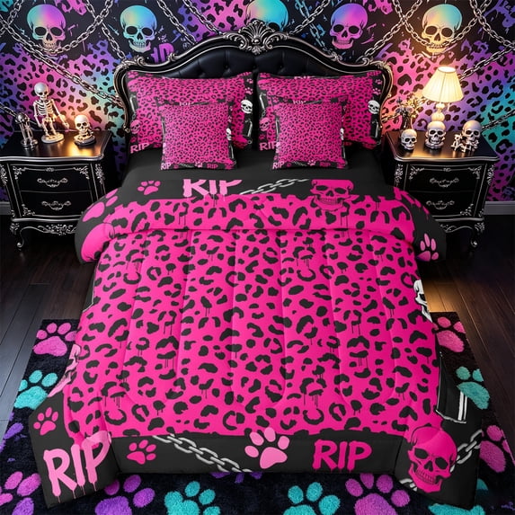 Castle Fairy Y2K Abstract Skull King Bedding 7pcs,Edgy Leopard Paw King Bed in a Bag,Hot Pink Black,Black Reversible