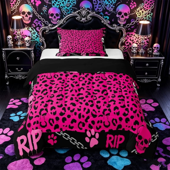 Castle Fairy Y2K Abstract Skull Twin Comforter Sets 2pcs,Edgy Leopard Paw Bedding Set,Hot Pink Black,1 Comforter and 1 Pillowcase,Black Reversible