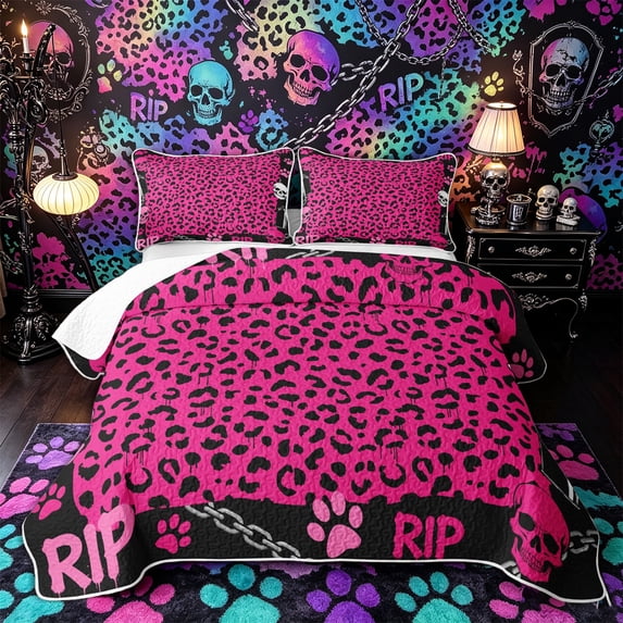 Castle Fairy Y2K Abstract Skull Twin Quilt Set,Edgy Leopard Paw Twin Coverlet Set,Hot Pink Black