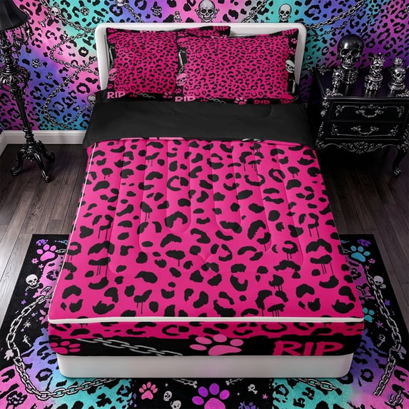 Castle Fairy Y2K Abstract Skull Zipper Twin Comforter Sets with Fitted Sheet and 2 Pillowcases,Edgy Leopard Paw Zipper Bedding Set,Hot Pink Black,4-Piece,Black Reversible