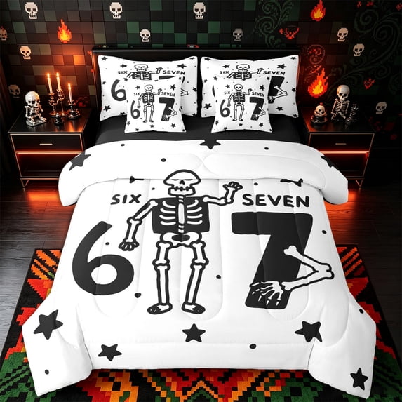 Castle Fairy Y2K Cartoon Halloween Skeleton Full Size Bedding Sets 7 Pieces,Number 67 Star Doodle Bones Print Full Size Bed in a Bag,White Black,Black Reversible