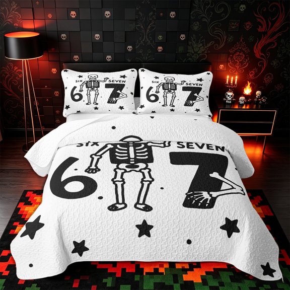 Castle Fairy Y2K Cartoon Halloween Skeleton Twin Quilt Set,Number 67 Star Doodle Bones Print Twin Coverlet Set,White Black