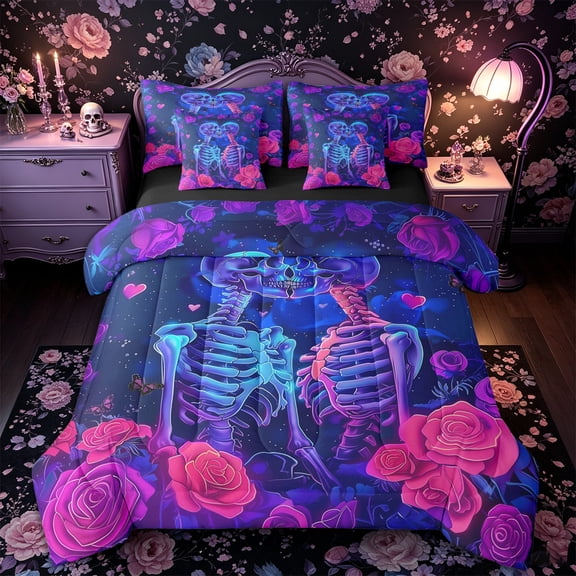 Castle Fairy Y2K Cosmic Skeleton Couple Full Size Bedding Sets 7 Pieces,Gothic Valentine'S Day Rose Full Size Bed in a Bag,Purple Blue,Black Reversible