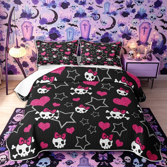 Castle Fairy Y2K Cute Skull Twin Quilt Set,Bow Skeleton Glitter Heart Star Twin Coverlet Set,Pink Black