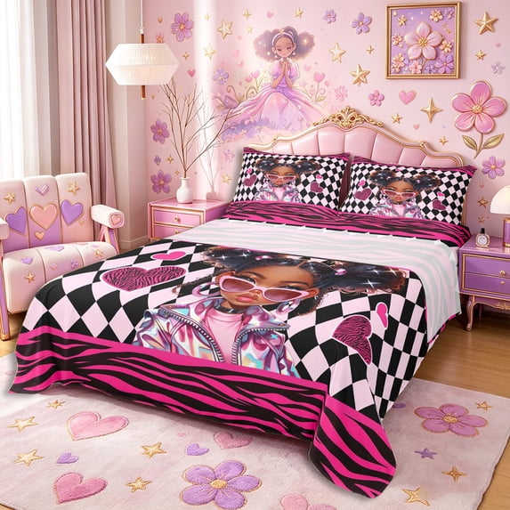 Castle Fairy Y2K Fashion Afro Girl King Sheets 4pcs,Argyle Zebra Heart Bedding,Pink Black White,1 Fitted Sheet, 1 Flat Sheet and 2 Pillowcases