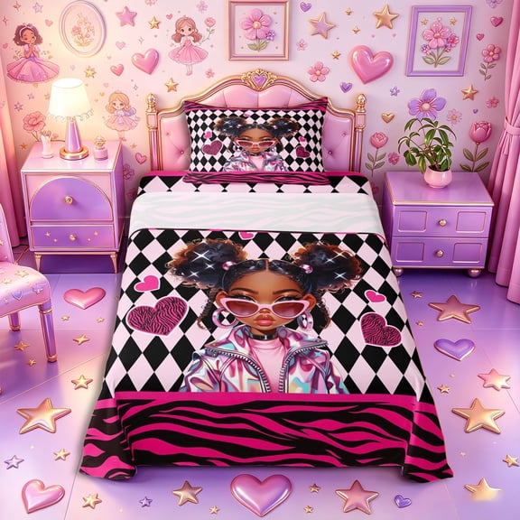 Castle Fairy Y2K Fashion Afro Girl Twin Sheets 3pcs,Argyle Zebra Heart Bedding,Pink Black White,1 Fitted Sheet, 1 Flat Sheet and 1 Pillowcase