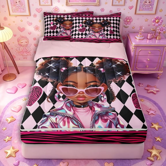 Castle Fairy Y2K Fashion Afro Girl Zipper Full Size Comforter Sets with Fitted Sheet and 2 Pillowcases,Argyle Zebra Heart Zipper Bedding Set,Pink Black White,Pink Reversible,4pcs