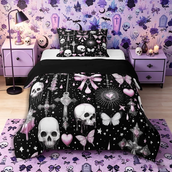 Castle Fairy Y2K Gothic Skull Twin Comforter Sets 2pcs,Dreamy Bow Butterfly Bedding Set,White Pink Black,1 Comforter and 1 Pillowcase,Black Reversible