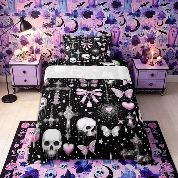 Castle Fairy Y2K Gothic Skull Twin Sheets 3pcs,Dreamy Bow Butterfly Bedding,White Pink Black,1 Fitted Sheet,1 Flat Sheet and 1 Pillowcase