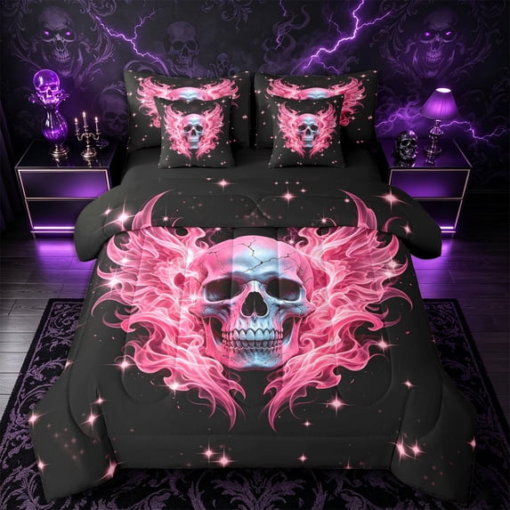Castle Fairy Y2K Gothic Winged Skull 7-Piece Twin Bedding,Sparkle Flame Star Artwork Bedding Comforter Set,Hot Pink Black,Black Reversible