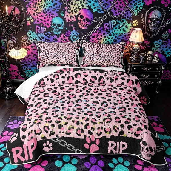 Castle Fairy Y2K Halloween Skull Bed Spread Queen,Vintage Leopard Print Queen Coverlet Set,Blush Pink
