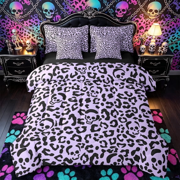 Castle Fairy Y2K Leopard Skull Queen Bedding 7pcs,Lilac Cheetah Silhouette Bedding Comforter Set Queen,Lavender Black,Black Reversible