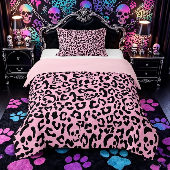 Castle Fairy Y2K Leopard Skull Twin Comforter Sets 2pcs,Pink Cheetah Skeleton Silhouette Bedding Set,Hot Pink Black,1 Comforter and 1 Pillowcase,Pink Reversible