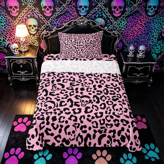 Castle Fairy Y2K Leopard Skull Twin Sheets 3pcs,Pink Cheetah Skeleton Silhouette Bedding,Hot Pink Black,1 Fitted Sheet,1 Flat Sheet and 1 Pillowcase