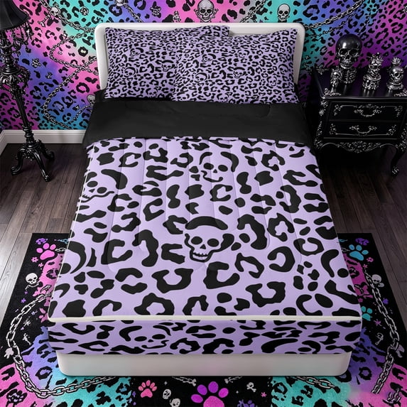Castle Fairy Y2K Leopard Skull Zipper Queen Comforter Set with Fitted Sheet and 2 Pillowcases,Lilac Cheetah Silhouette Zipper Bedding Set,Lavender Black,4 Pieces,Black Reversible