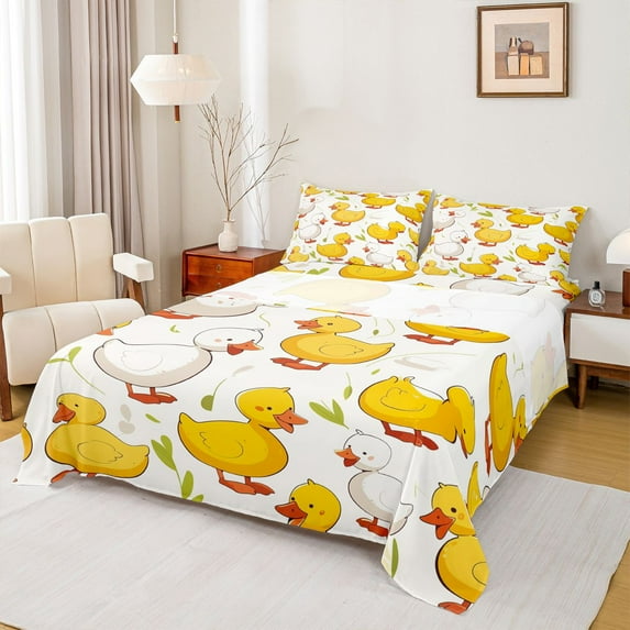 Castle Fairy Yellow Duck Twin Sheet Sets 3pcs for Boys Girls,Rustic Farmhouse Animal Twin Fitted Sheet Microfiber,Cartoon Cute Breathable Flat Sheet,Breathable Home Decor