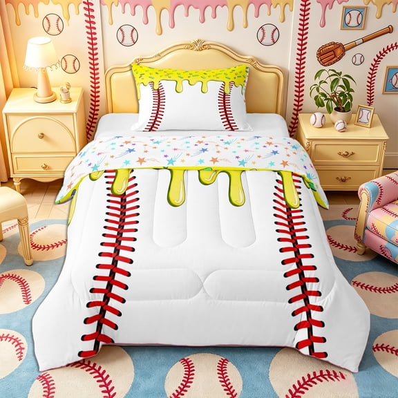 Castle Fairy Yellow Ice Cream Drip Twin Comforter Sets 2pcs, Sport Baseball Bedding Set,1 Comforter and 1 Pillowcase