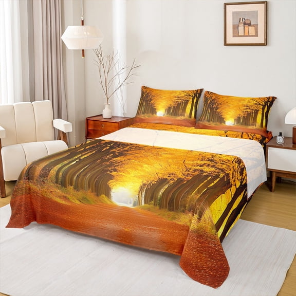 Castle Fairy Yellow Leaves Twin Sheet Sets for Female Men,Happy Autumn Bedding