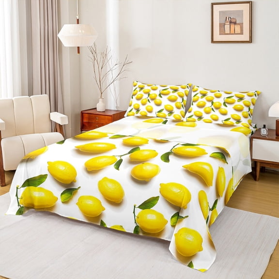 Castle Fairy Yellow Lemon 3pcs Twin Sheet Sets,Tropical Fruit Twin Fitted Sheet,Summer Theme Breathable Flat Sheet,Luxury Teenager Bedroom Decor