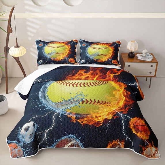 Castle Fairy Yellow Softball Twin Quilt Set,Sport Theme Twin Coverlet Set,Orange Red Blue