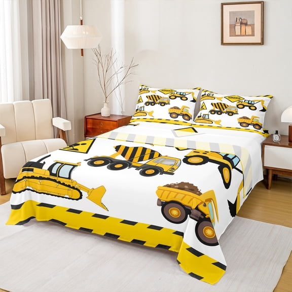 Castle Fairy Yellow Truck 4 Pieces Queen Sheet Sets for Boys Girls,Cartoon Tractor Ultra Soft Flat Sheet,Construction Vehicles Queen Fitted Sheet,Luxury Bedroom Decor