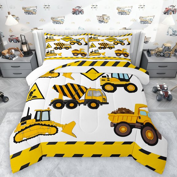 Castle Fairy Yellow Truck Bedding Comforter Set 2pcs for Boys Girls,Cartoon Tractor Twin Comforter Sets Microfiber,Construction Vehicles Breathable Bedding Set,Luxury Bedroom Decor