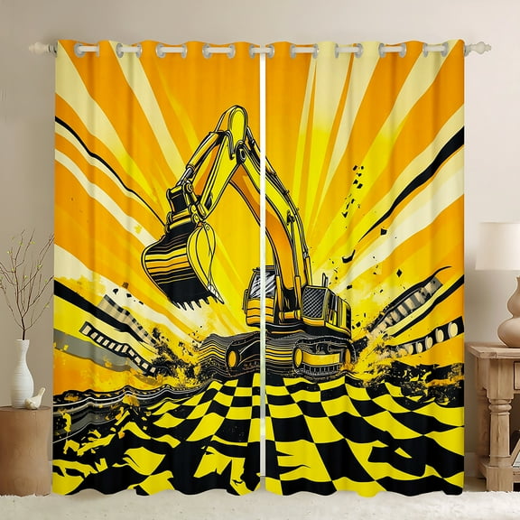 Castle Fairy Yellow Truck Black Out Curtains for Boys Men Teens,Cartoon Car Curtains Pack Of 2 (42X63 Each),Geometric Plaid Bedroom Curtains,Breathable Home Decor