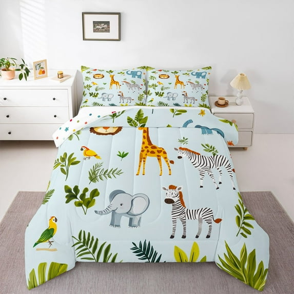 Castle Fairy Zebra Giraffe Elephant Queen Comforter Set,Tree Leaves Bedding Comforter Set