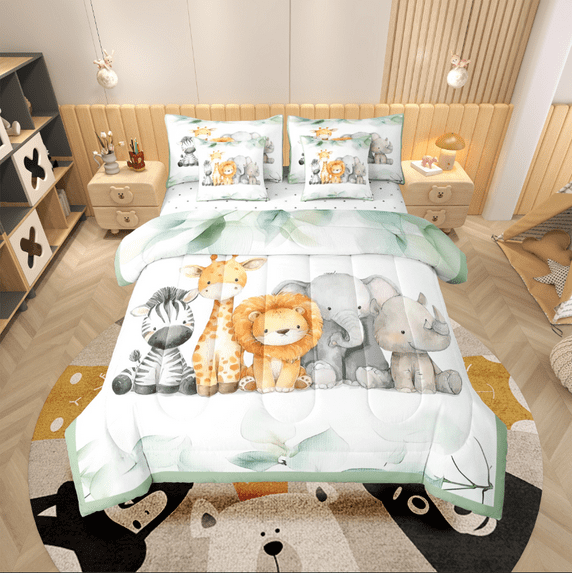 Castle Fairy Zebra Giraffe Lion 7 Pieces Bedding Comforter Set for Child,Cartoon Wildlife Full Bedding Set Lightweight,Tree Leaves Fitted Sheet Flat Sheet,Super Cozy Room Decor