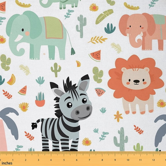 Castle Fairy Zebra Lion Elephant Fabric by the Yard 1 Yard,Watermelon Cactus Home Decor Fabric by the Yard,Kawaii Wildlife Room Decor Fabric by the Yard,Lightweight Animal Room Decor