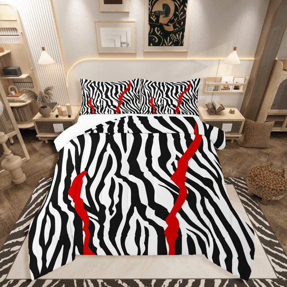 Castle Fairy Zebra Print 3-Piece Full Size Comforter Sets,Geometric Stripes Bedding Comforter Set,Abstract Lines Lightweight Bedding Sets,Breathable Wildlife Home Decor