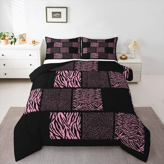 Castle Fairy Zebra Print 3 Pieces Queen Comforter Set for Teens,Animal Leopard Ultra Soft Bedding Sets,Geometric Lattice Bedding Comforter Set,Lightweight Room Decor