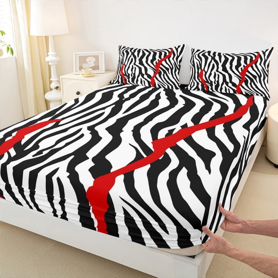 Castle Fairy Zebra Print 4pcs Bed Sheets,Geometric Stripes King Sheets,Abstract Lines Super Cozy Sheet Set,Breathable Wildlife Home Decor