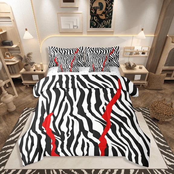 Castle Fairy Zebra Print 7-Piece Bedding Comforter Set,Geometric Stripes King Bedding Sets,Abstract Lines Ultra Soft Bed Sheets,Breathable Wildlife Home Decor,Reversible