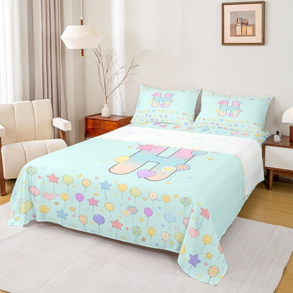 Castle Fairy Balloon Letter H Full Size Sheets 4-Piece for Kids,Pastel Pattern Bed Sheets
