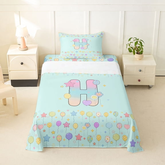 Castle Fairy Balloon Letter H Twin Sheet Sets 3pcs for Kids,Pastel Pattern Bedding