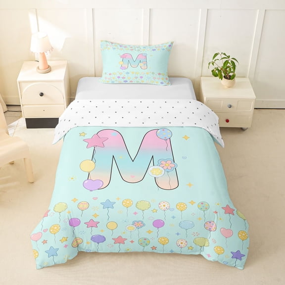 Castle Fairy Balloon Letter M Twin Bedding for Kids,Gradient Initial Duvet Cover Set,2pcs,No Comforter