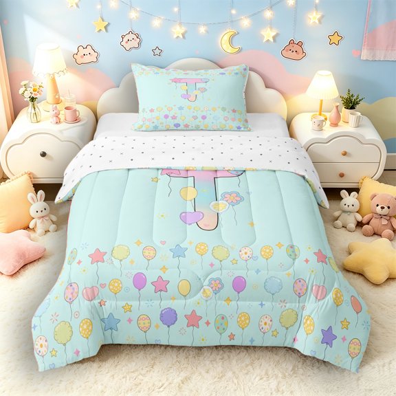 Castle Fairy Balloon Letter T Twin Comforter Sets 3-Piece for Kids,Pastel Pattern Bedding Set