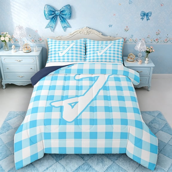 Castle Fairy Blue Check Letter J Queen Comforter Set 3pcs for Kids,Geometric Plaid Bedding Comforter Set,Navy Blue Reversible
