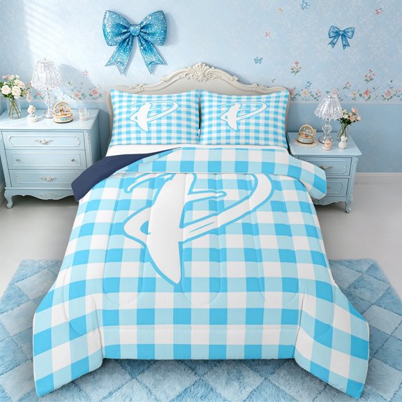 Castle Fairy Blue Check Letter P Queen Comforter Set 3pcs for Kids,Geometric Checkered Bedding Comforter Set,Navy Blue Reversible