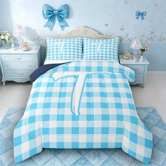 Castle Fairy Blue Check Letter T Full Size Comforter Sets 3 Pieces for Kids,Geometric Checkered Bedding Sets,Navy Blue Reversible