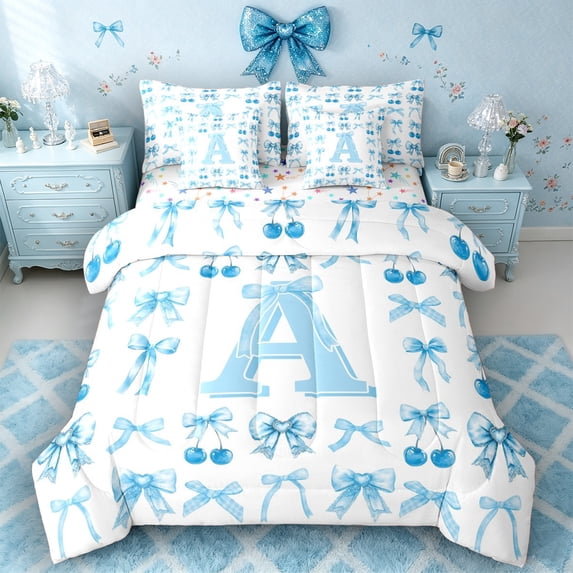 Castle Fairy Blue Cherry Bow Letter A Twin Bedding Sets 7-Piece for Girls,Fruit Bow Knot Bedding Comforter Set